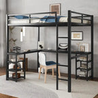 Cama loft de metal negra de tamaño completo con escritorio, estantes, escalera y barandillas