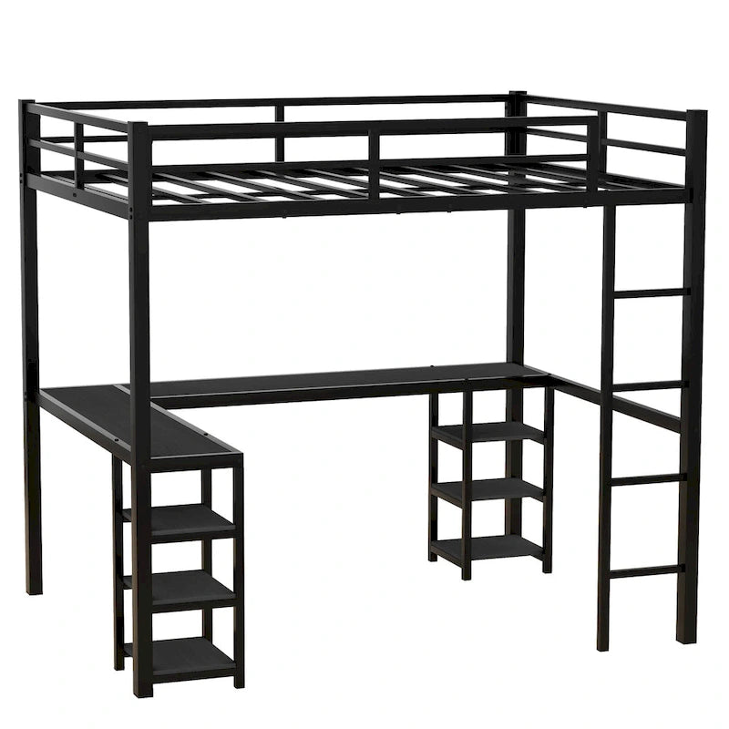 Cama loft de metal negra de tamaño completo con escritorio, estantes, escalera y barandillas