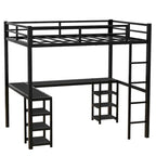Cama loft de metal negra de tamaño completo con escritorio, estantes, escalera y barandillas