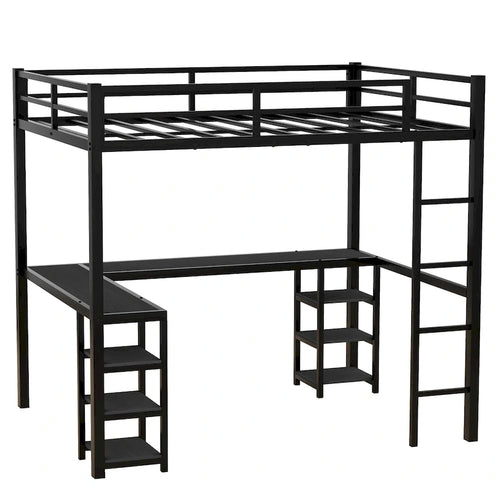 Cama loft de metal negra de tamaño completo con escritorio, estantes, escalera y barandillas