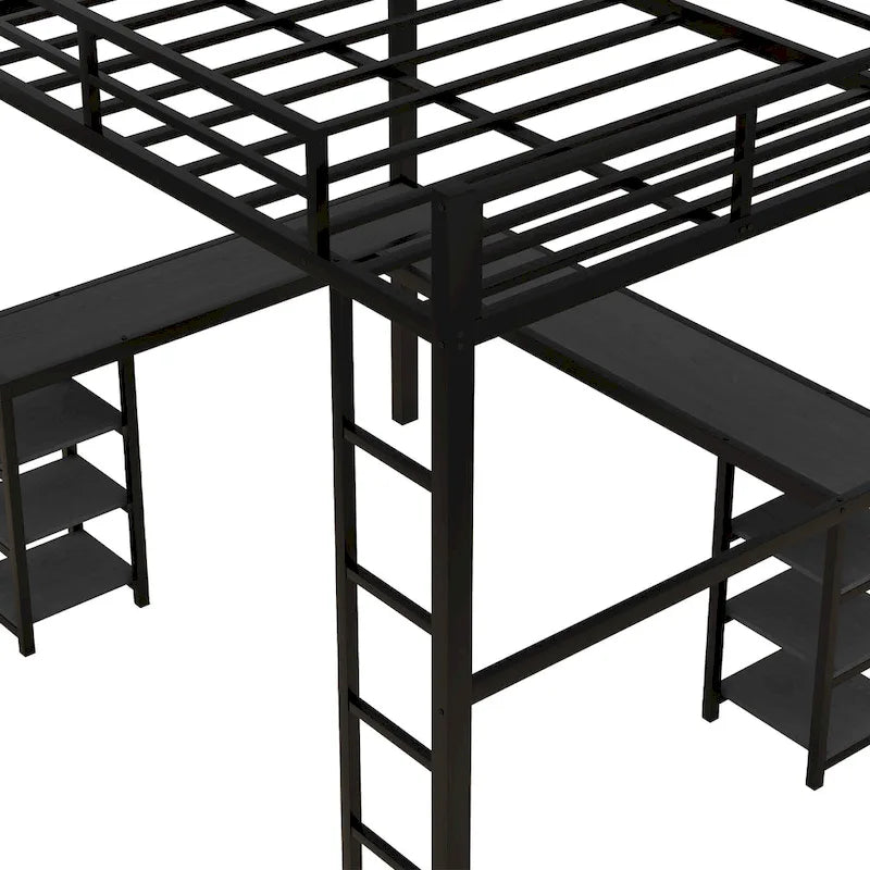 Cama loft de metal negra de tamaño completo con escritorio, estantes, escalera y barandillas