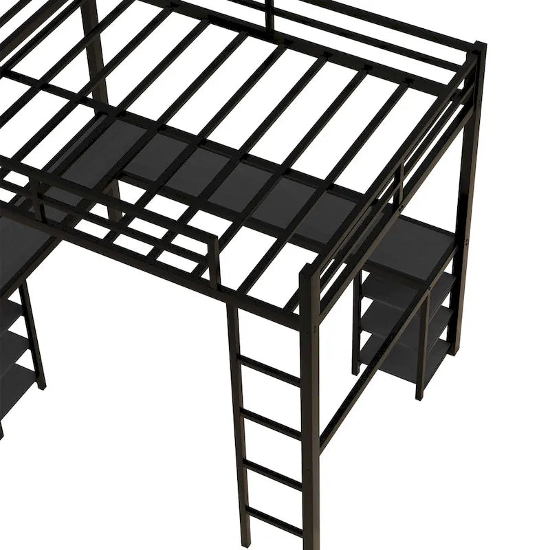 Cama loft de metal negra de tamaño completo con escritorio, estantes, escalera y barandillas