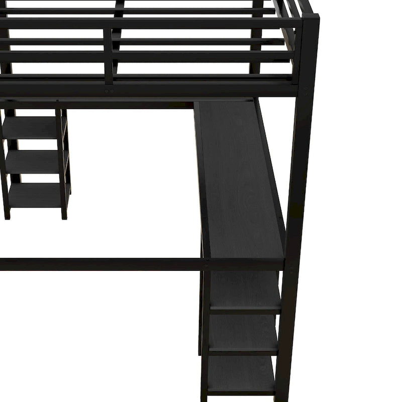 Cama loft de metal negra de tamaño completo con escritorio, estantes, escalera y barandillas