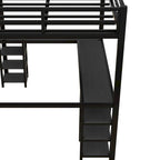 Cama loft de metal negra de tamaño completo con escritorio, estantes, escalera y barandillas