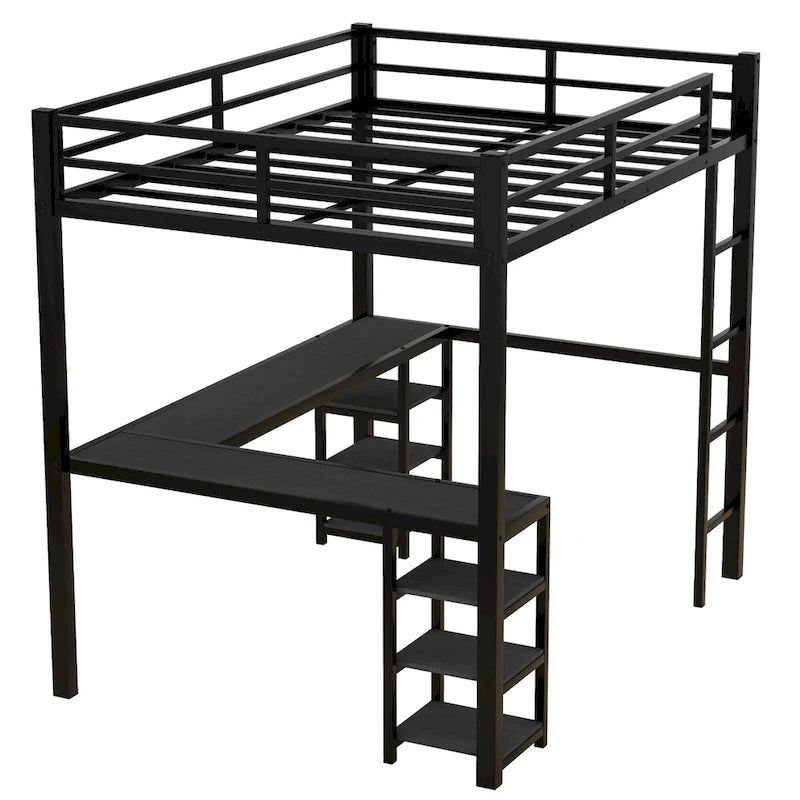Cama loft de metal negra de tamaño completo con escritorio, estantes, escalera y barandillas