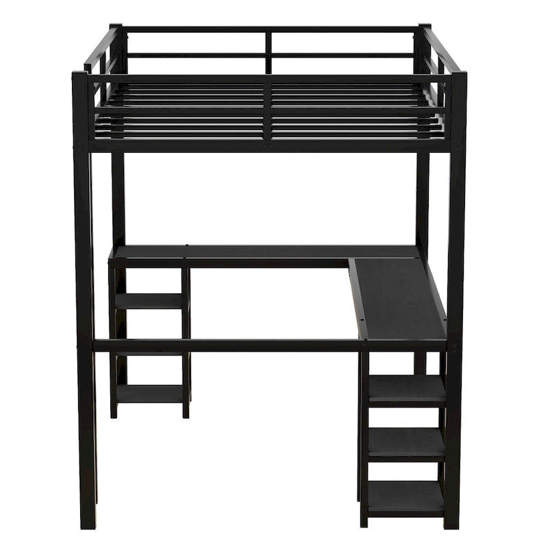 Cama loft de metal negra de tamaño completo con escritorio, estantes, escalera y barandillas