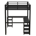 Cama loft de metal negra de tamaño completo con escritorio, estantes, escalera y barandillas