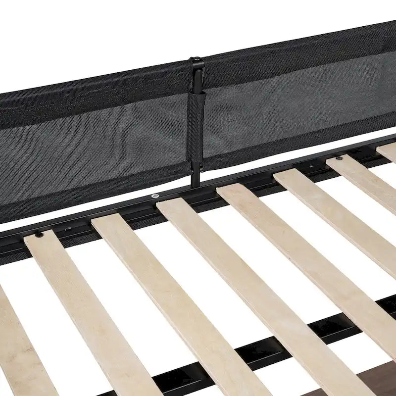 Cama alta metálica de tamaño completo con escritorio, estantes, listones de madera sin ruido y barandilla de textilene cómoda