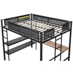 Cama alta metálica de tamaño completo con escritorio, estantes, listones de madera sin ruido y barandilla de textilene cómoda