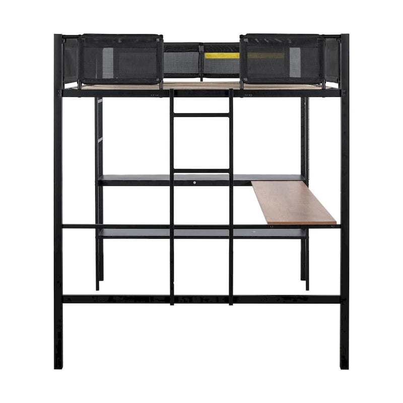 Cama alta metálica de tamaño completo con escritorio, estantes, listones de madera sin ruido y barandilla de textilene cómoda