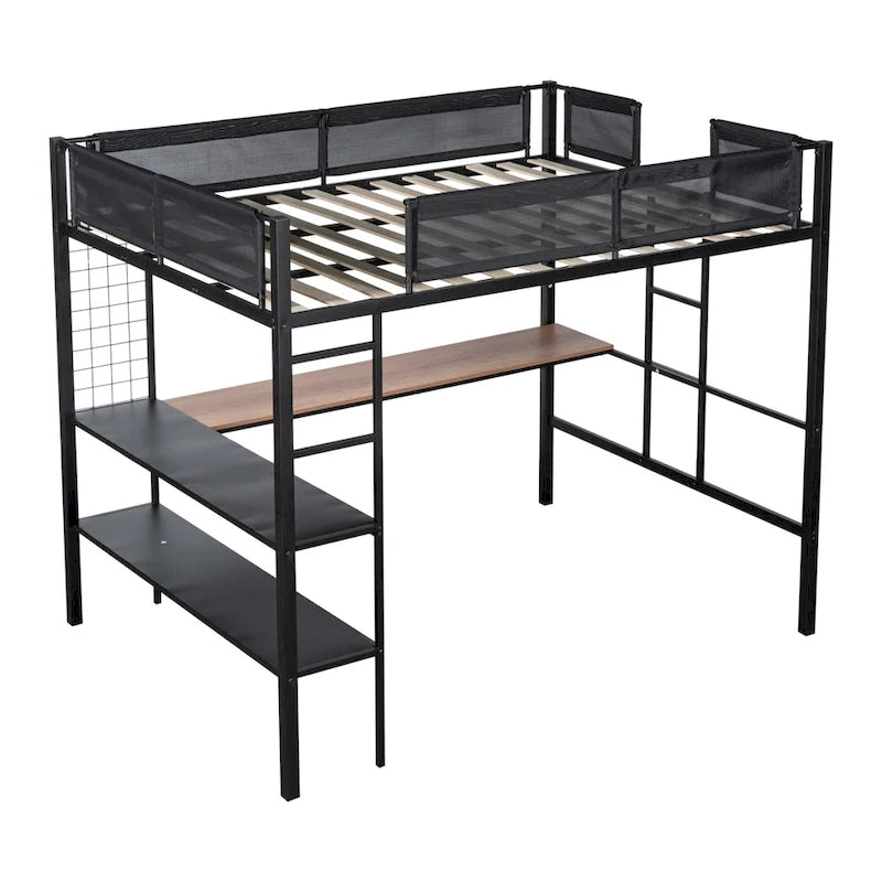 Cama alta metálica de tamaño completo con escritorio, estantes, listones de madera sin ruido y barandilla de textilene cómoda