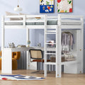 Cama alta blanca de madera maciza individual con escritorio en forma de L, armario y estantes | Pino y MDF