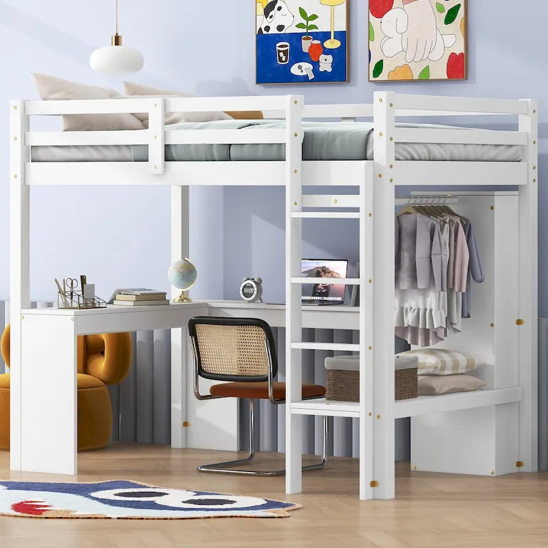 Cama alta blanca de madera maciza individual con escritorio en forma de L, armario y estantes | Pino y MDF