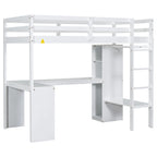 Cama alta blanca de madera maciza individual con escritorio en forma de L, armario y estantes | Pino y MDF