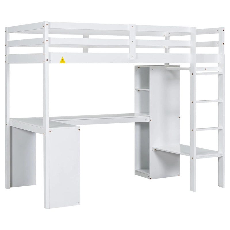 Cama alta blanca de madera maciza individual con escritorio en forma de L, armario y estantes | Pino y MDF