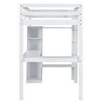 Cama alta blanca de madera maciza individual con escritorio en forma de L, armario y estantes | Pino y MDF