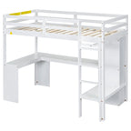 Cama alta blanca de madera maciza individual con escritorio en forma de L, armario y estantes | Pino y MDF