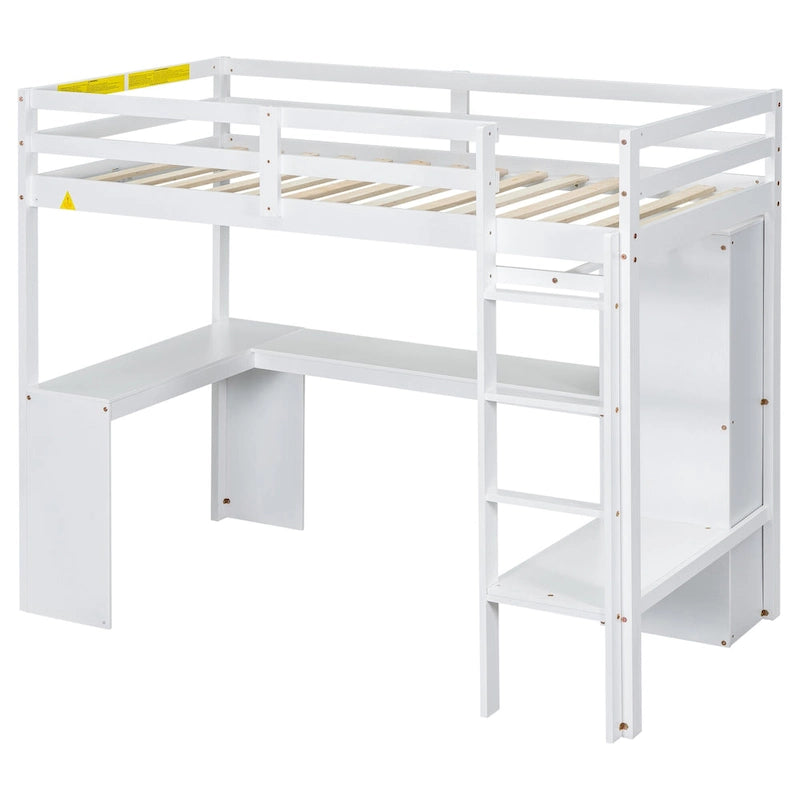 Cama alta blanca de madera maciza individual con escritorio en forma de L, armario y estantes | Pino y MDF