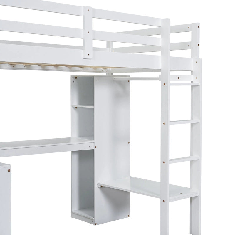 Cama alta blanca de madera maciza individual con escritorio en forma de L, armario y estantes | Pino y MDF