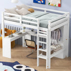 Cama alta de madera maciza con escritorio en forma de L, armario, gabinete, 2 cajones y estantes