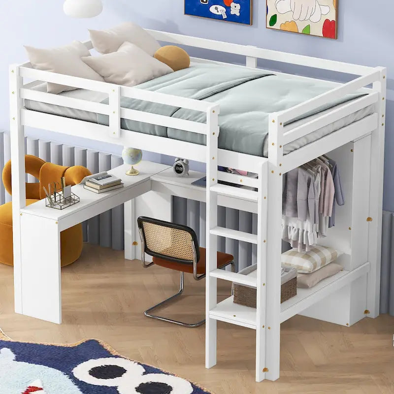 Cama alta de madera maciza con escritorio en forma de L, armario, gabinete, 2 cajones y estantes