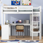 Cama alta de madera maciza con escritorio en forma de L, armario, gabinete, 2 cajones y estantes