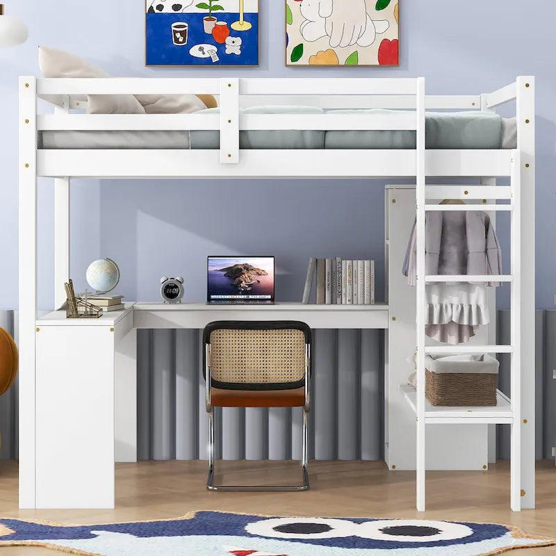 Cama alta de madera maciza con escritorio en forma de L, armario, gabinete, 2 cajones y estantes