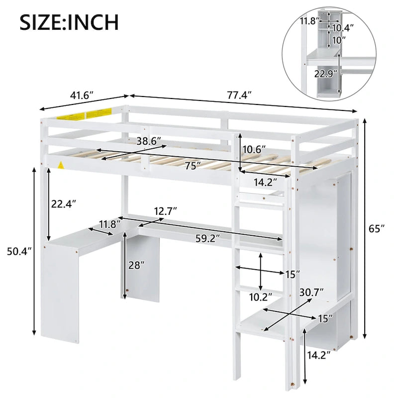 Cama alta de madera maciza con escritorio en forma de L, armario, gabinete, 2 cajones y estantes