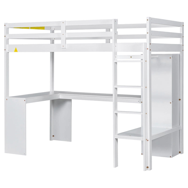 Cama alta de madera maciza con escritorio en forma de L, armario, gabinete, 2 cajones y estantes