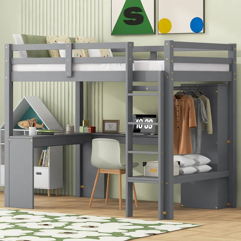 Cama alta de madera maciza con escritorio en forma de L, armario, gabinete, 2 cajones y estantes