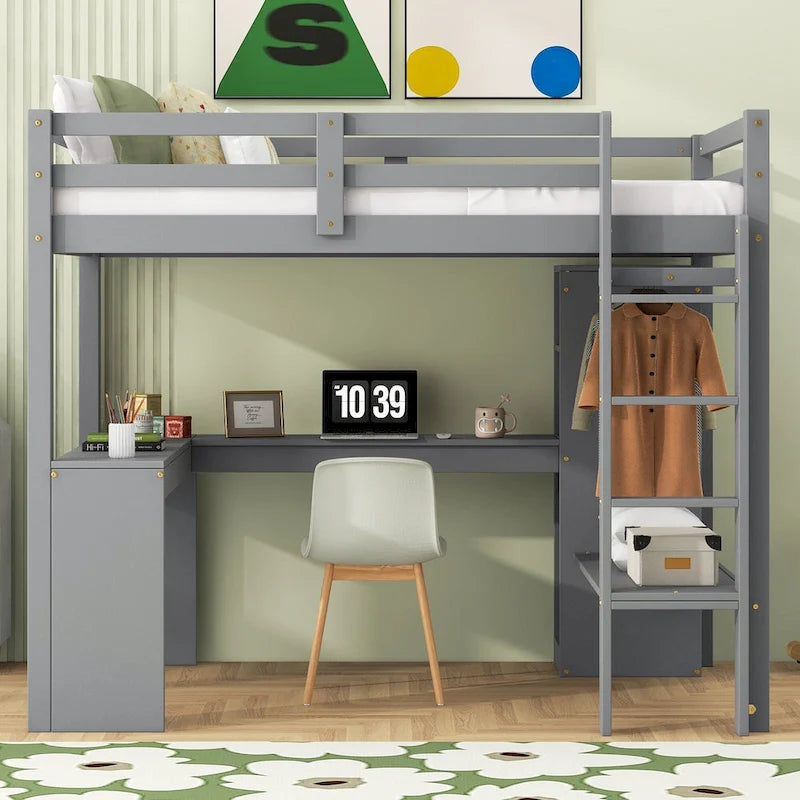 Cama alta de madera maciza con escritorio en forma de L, armario, gabinete, 2 cajones y estantes