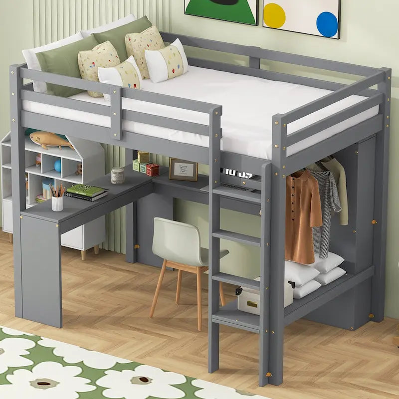 Cama alta de madera maciza con escritorio en forma de L, armario, gabinete, 2 cajones y estantes