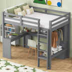 Cama alta de madera maciza con escritorio en forma de L, armario, gabinete, 2 cajones y estantes