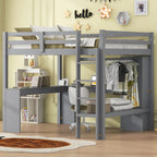 Cama alta de madera maciza con escritorio en forma de L, armario, gabinete, 2 cajones y estantes