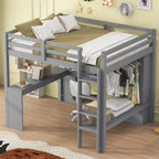 Cama alta de madera maciza con escritorio en forma de L, armario, gabinete, 2 cajones y estantes