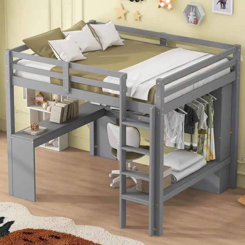 Cama alta de madera maciza con escritorio en forma de L, armario, gabinete, 2 cajones y estantes