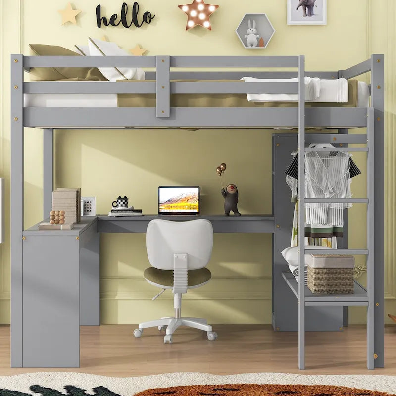 Cama alta de madera maciza con escritorio en forma de L, armario, gabinete, 2 cajones y estantes