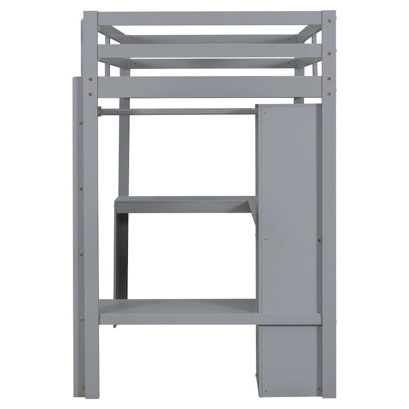 Cama alta doble gris de madera maciza con escritorio en forma de L, armario y estantes