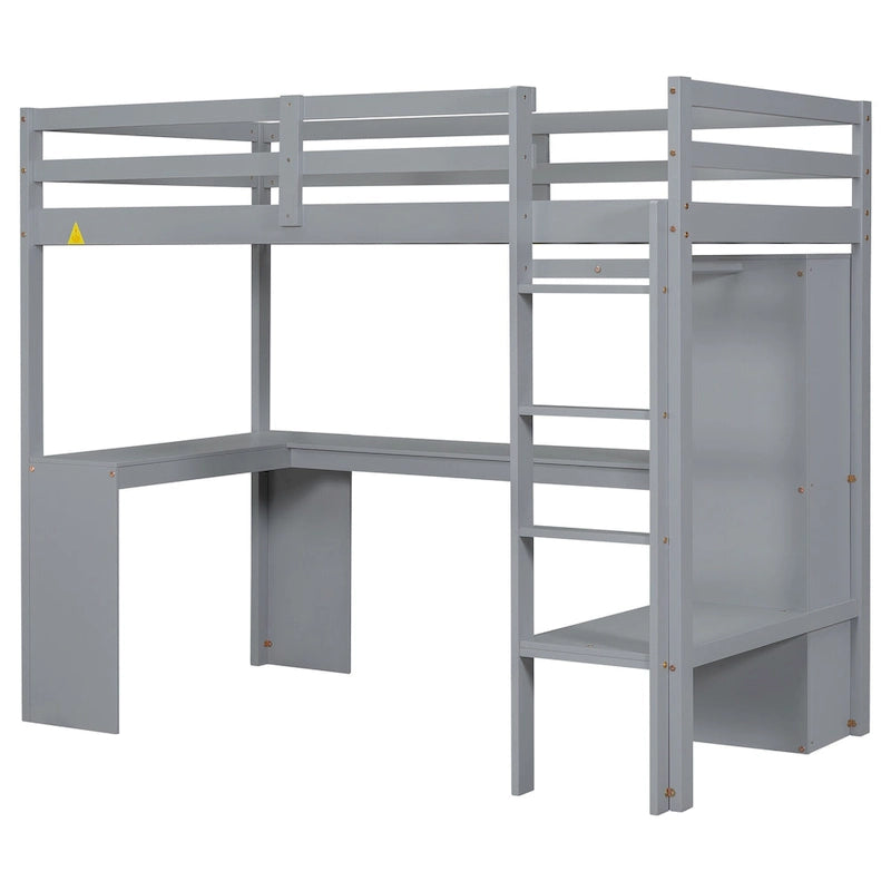 Cama alta doble gris de madera maciza con escritorio en forma de L, armario y estantes