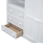 Cama alta de madera maciza blanca tamaño completo con armario, escritorio, 3 cajones y estantes | 158 kg