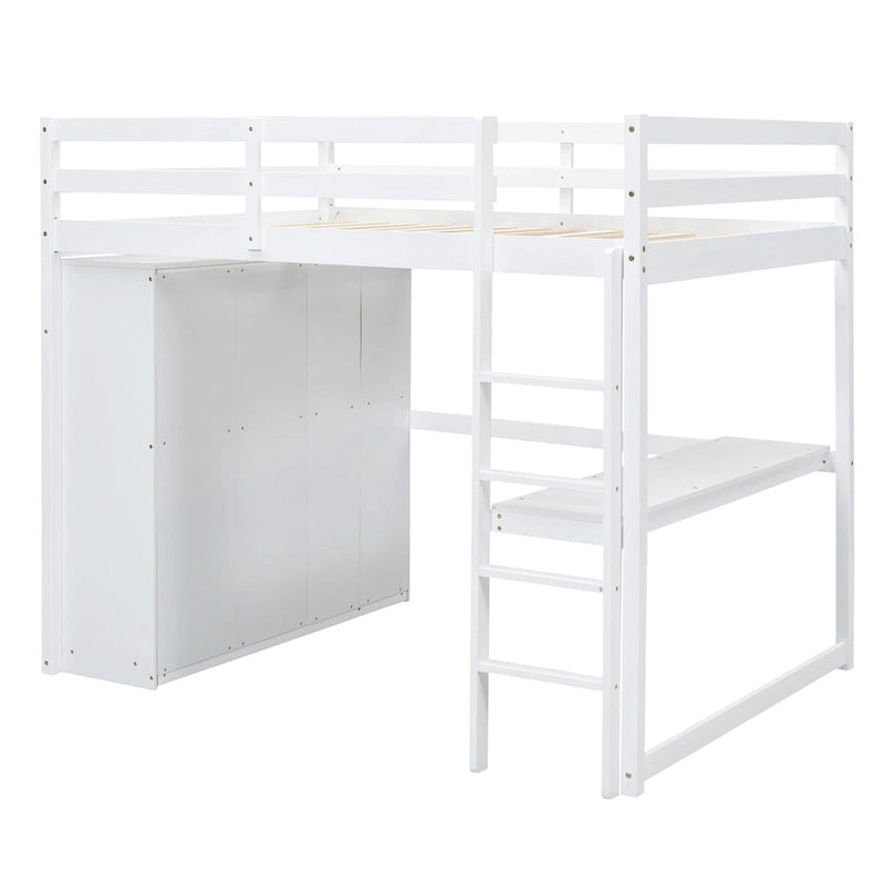 Cama alta de madera maciza blanca tamaño completo con armario, escritorio, 3 cajones y estantes | 158 kg