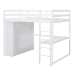 Cama alta de madera maciza blanca tamaño completo con armario, escritorio, 3 cajones y estantes | 158 kg
