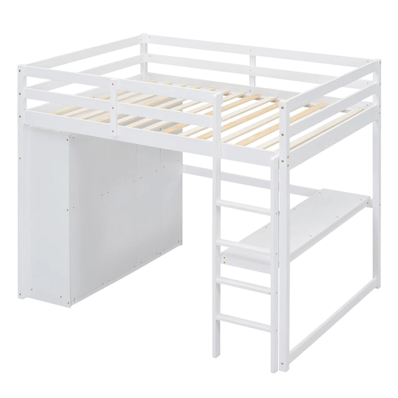 Cama alta de madera maciza blanca tamaño completo con armario, escritorio, 3 cajones y estantes | 158 kg