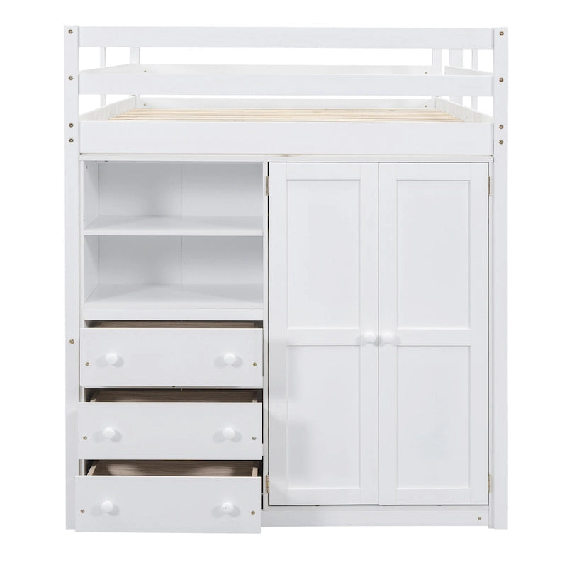 Cama alta de madera maciza blanca tamaño completo con armario, escritorio, 3 cajones y estantes | 158 kg