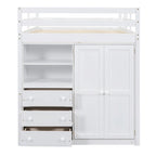 Cama alta de madera maciza blanca tamaño completo con armario, escritorio, 3 cajones y estantes | 158 kg