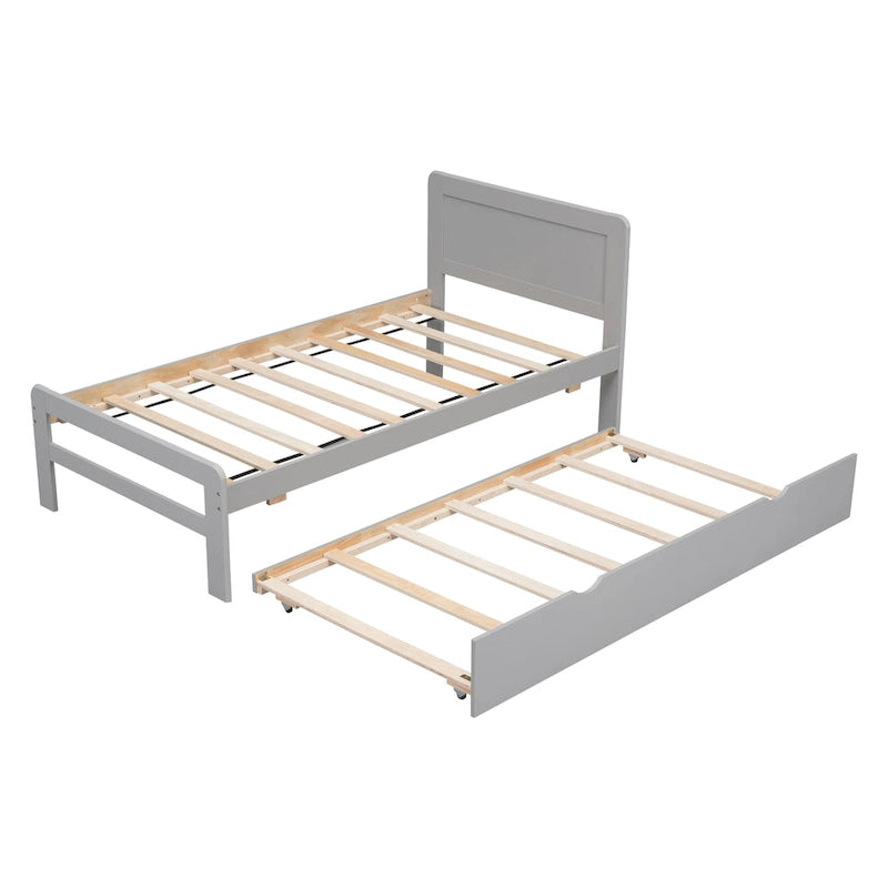 Estructura de cama de plataforma doble gris de madera con cama nido | Madera de caucho y contrachapado | Diseño moderno