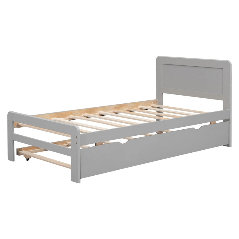 Estructura de cama de plataforma doble gris de madera con cama nido | Madera de caucho y contrachapado | Diseño moderno