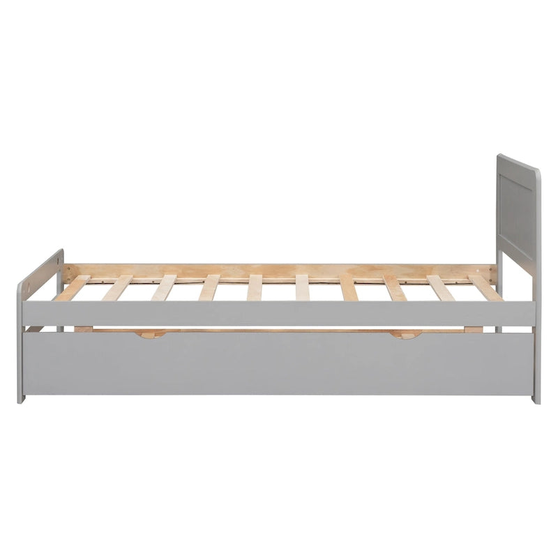 Estructura de cama de plataforma doble gris de madera con cama nido | Madera de caucho y contrachapado | Diseño moderno