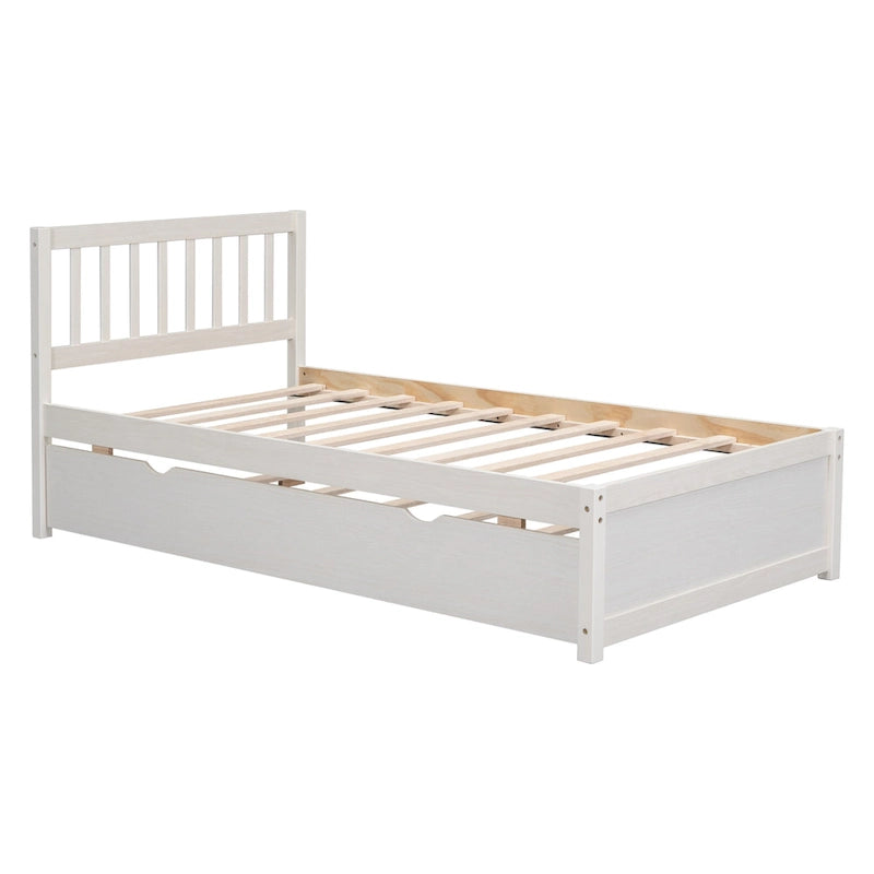 Cama plataforma individual con nido y cabecero con valla | Madera de caucho | 90 kg | Nogal/Blanco/Gris