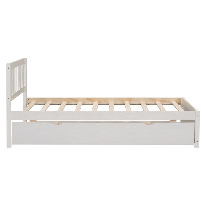 Cama plataforma individual con nido y cabecero con valla | Madera de caucho | 90 kg | Nogal/Blanco/Gris
